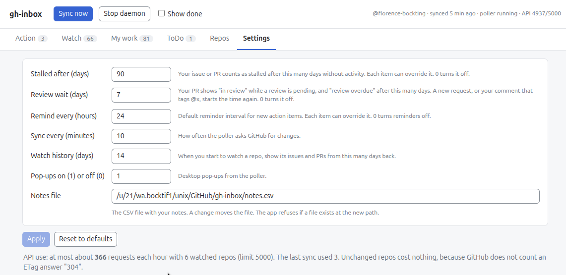 The Settings tab
